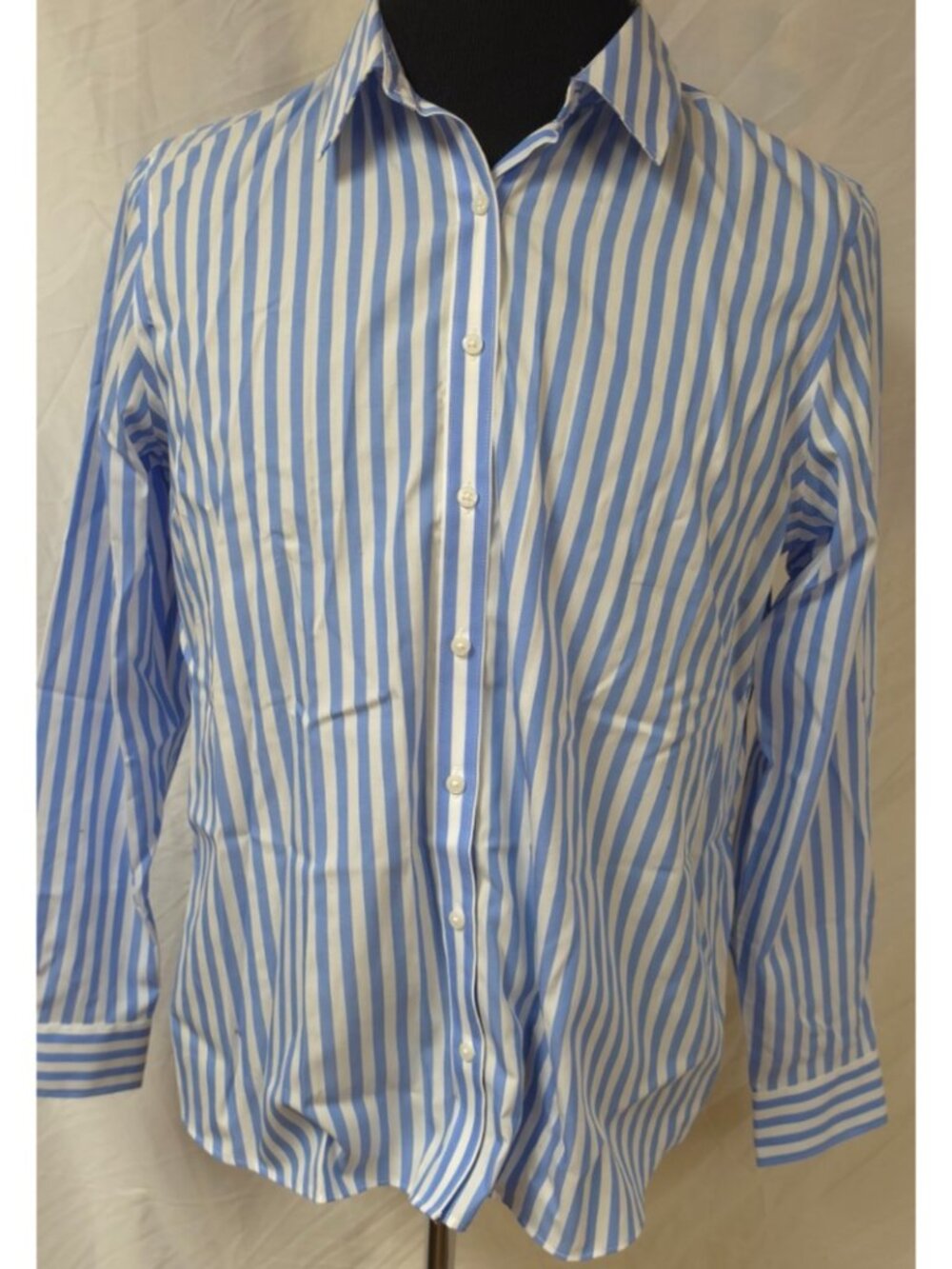 Land's End Women's 14 Blue White Stripe Button Up No Iron Cotton Shirt